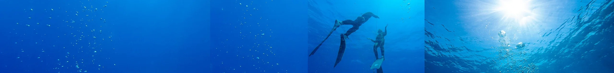 Collage panorámico submarino: burbujas ascendiendo, dos apneístas practicando un ejercicio con cabo guía, y rayos de sol atravesando la superficie.