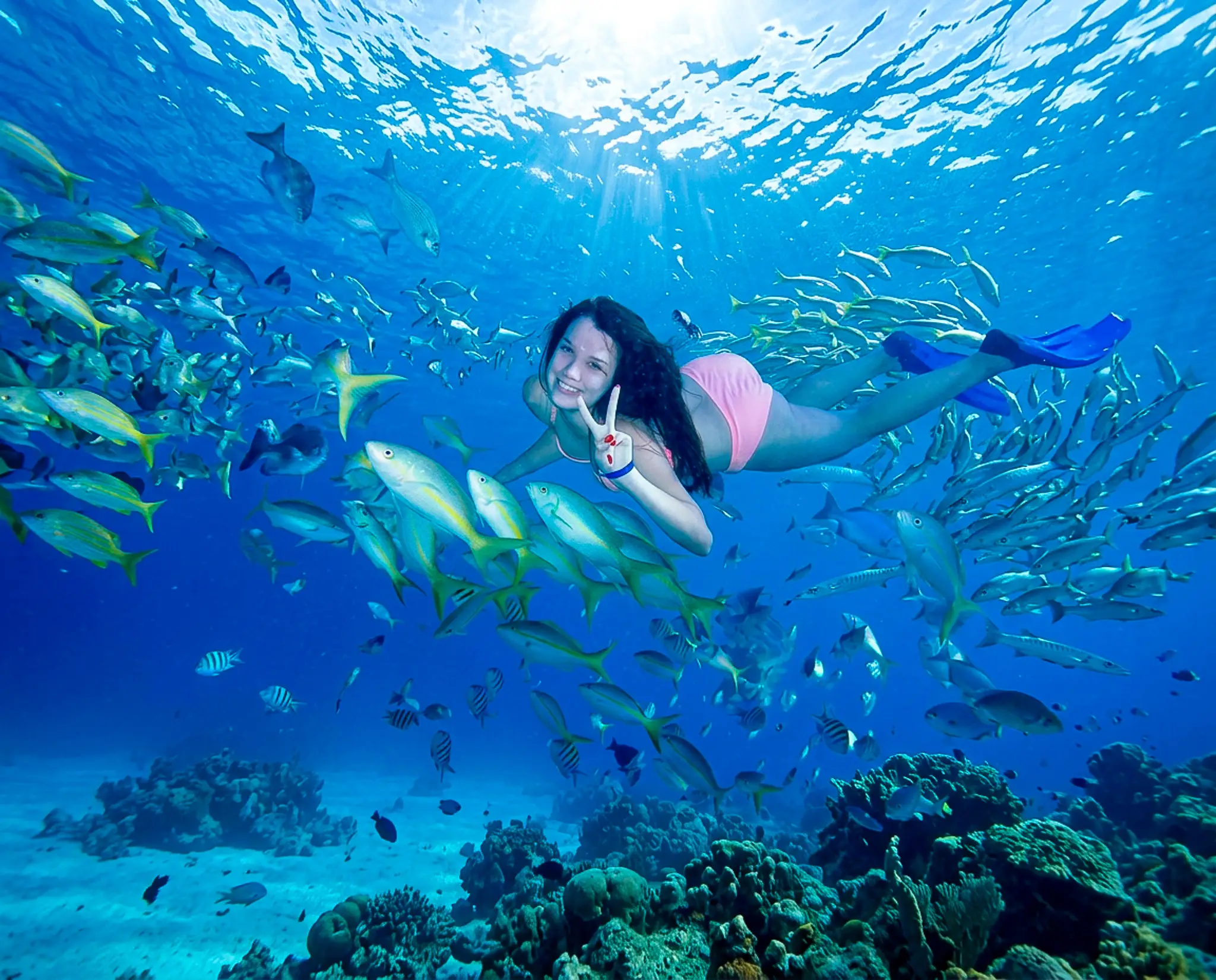 Chica nada con aletas entre un gran cardumen de peces amarillos y plateados, haciendo la señal de victoria, sobre un arrecife de coral.