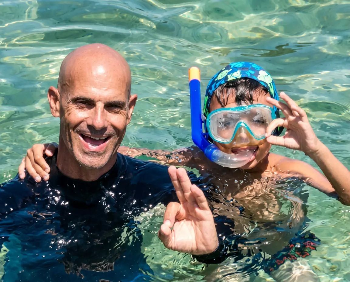 Momento en familia durante una salida de snorkel.