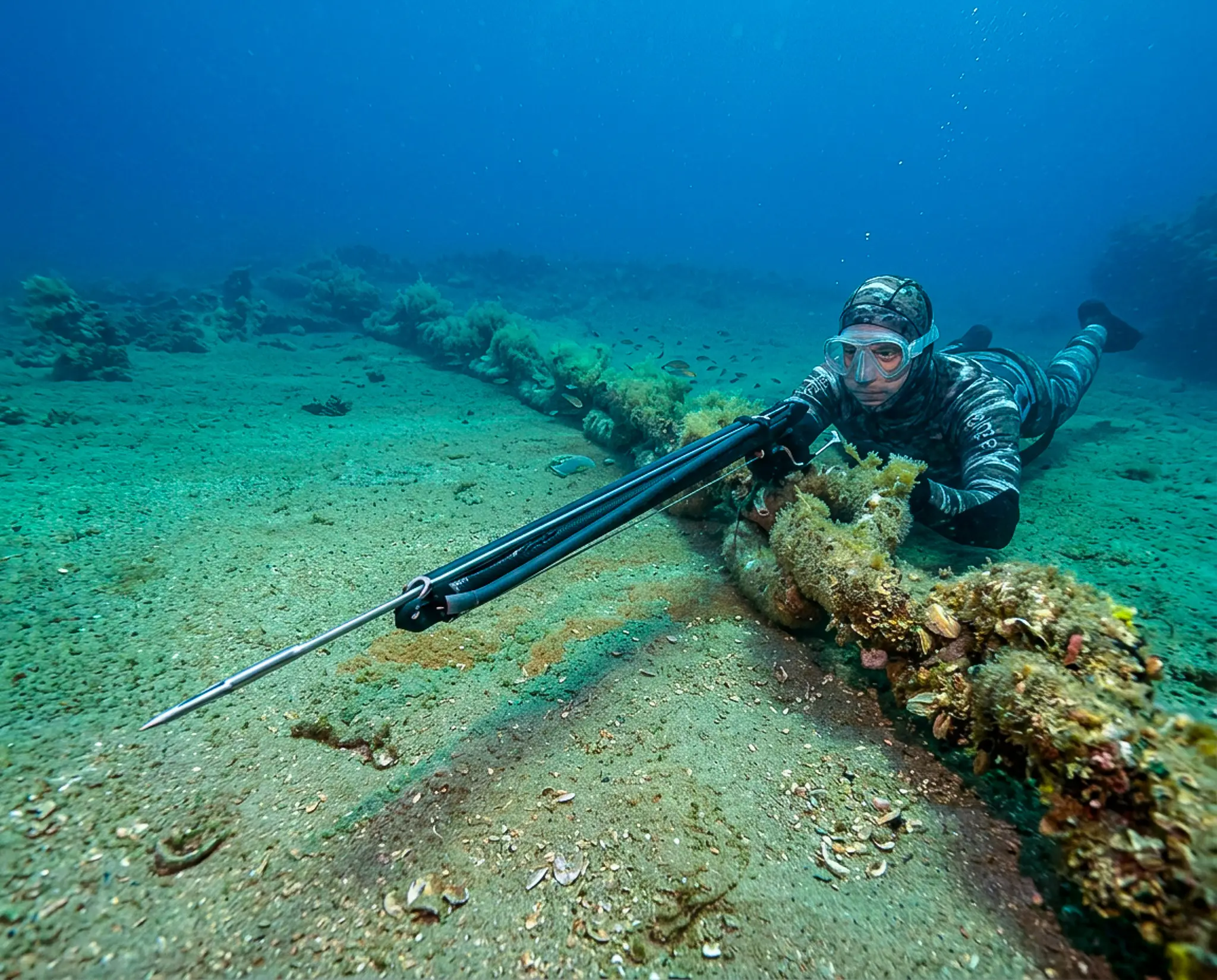 Pescador submarino en traje de camuflaje avanza sobre el fondo marino apuntando con su fusil hacia unas rocas cubiertas de algas.
